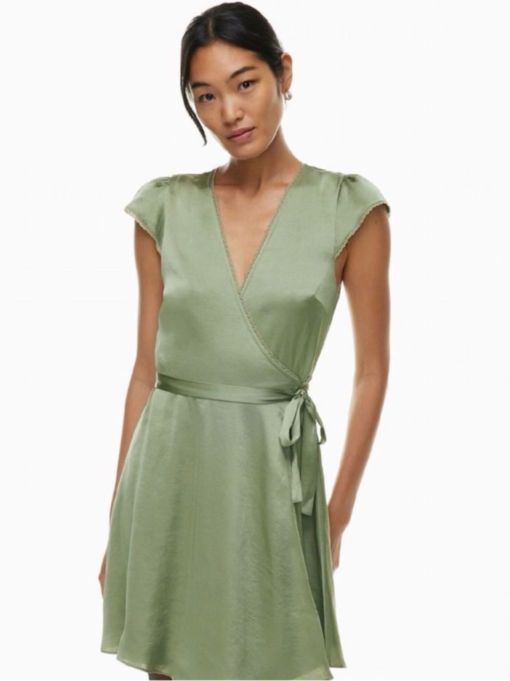 Aritzia Sage Green Satin Wrap Mini Dress